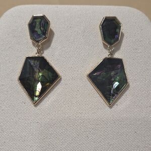 Elegant Gold Tone and Green Iridescent Geometric Earrings